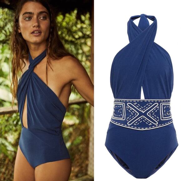 Johanna Ortiz Sunken Glory Halter One Piece Swimsuit Size M Midnight Blue - Picture 5 of 16